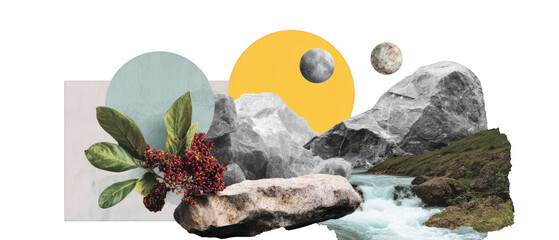 Collage art grunge effect pattern texture detail shape dot design chaos with botanical rock