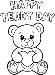 Obraz premium Cute teddy bear holding heart coloring page for children with happy teddy day message text