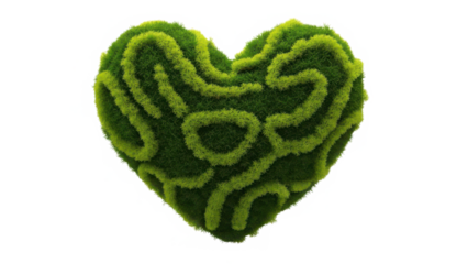 A lush green grass heart with an intricate maze pattern symbolizing the complexities of love and mind isolated on transparent background