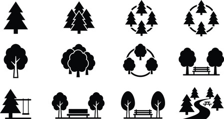 Park and forest icon set, editable vector clipart, isolated, black silhouettes, pine tree, bench, swing, path, foliage © S.P