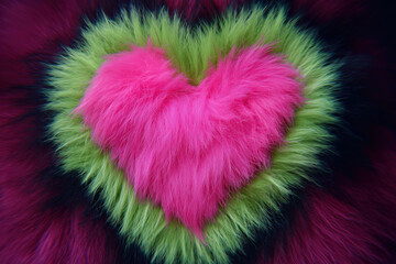 heart of pink fluffy fur with green border, hairy background, love, passion, romance, photorealistic
