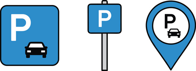 Parking sign icons, navigation symbols, editable vector clipart, isolated, blue map pin, car symbol, urban planning graphics © S.P