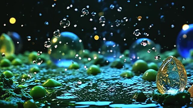 Neon spheres explode resin bubble texture, weaving bold arcs against a green background, with shimmering crystals drifting in a lively, energetic scene under moonlight.