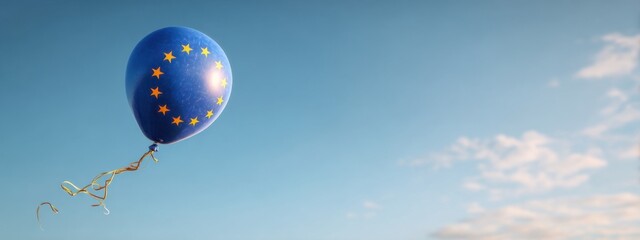 Blue balloon with European stars floating against a clear sky during daylight
