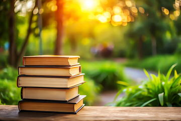 Peaceful Outdoor Scene with Stack of Hardcover Books.