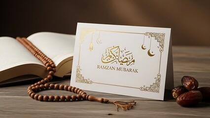 Ramzan Mubarak greeting card with dates and rosary on wooden table