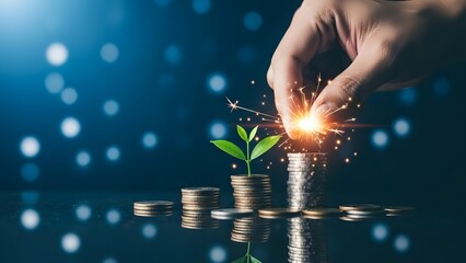 Business spark and creative investment growth. Innovation in financial strategy. Hand holding a sparkler over a coin stack with a green plant growing on a dark blue bokeh background