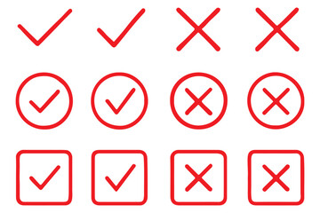Tick and Cross checkmark vector icons in line style design for website design, app, UI, isolated on white background. Editable stroke. EPS 10 vector illustration.