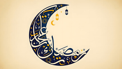 Beautiful blue stylized crescent moon shape filled with intricate white and yellow arabic calligraphy stars and lanterns on bright cheerful colored background banner art
