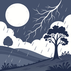 Night Weather Scene: Moon, Clouds, Rain, and Light