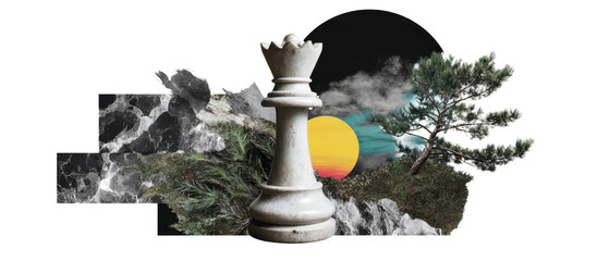 Marble chess queen on nature collage with sunset and pine, evocative success strategy