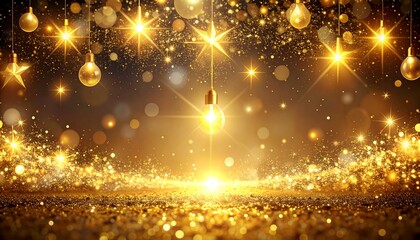 Obraz premium Golden festive background with hanging ornaments and sparkling lights bokeh