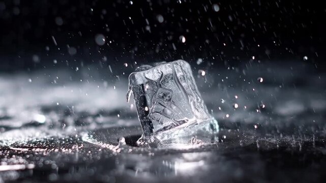A dramatic video showcasing a single ice cube on a wet surface with water splashing around it in a dark background