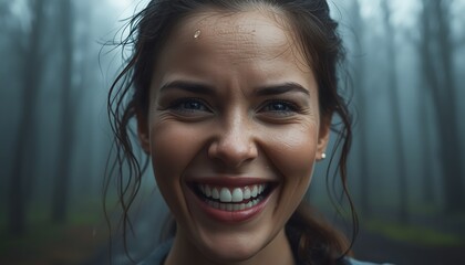 A smiling woman with a joyful expression in a misty forest environment