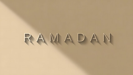 Ramadan word rendered in modern clean thin typography casting subtle long smooth drop shadow across neutral pale beige tan colored background surface design element