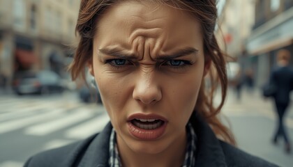 A close-up portrait of a frustrated businesswoman with a scowling face in an urban setting