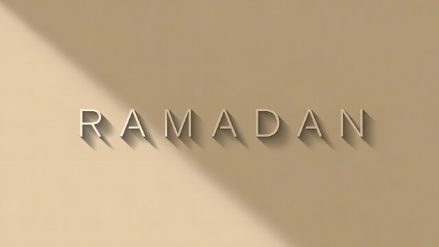 Ramadan word rendered in modern clean thin typography casting subtle long smooth drop shadow across neutral pale beige tan colored background surface design element