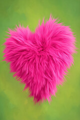 heart of pink fluffy fur, hairy, green background, love, passion, romance, portrait format, photorealistic