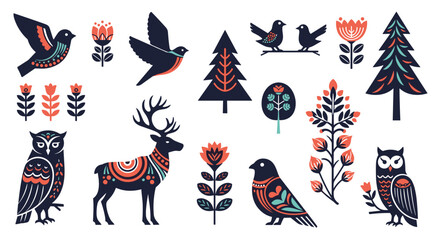 Set of decorative scandinavian folk art elements, including deer, owls, birds, trees, and flowers with intricate nordic patterns. © Dawid