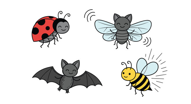 Set of four cute and smiling cartoon animals: a red ladybug, a buzzing fly, a flying bat, and a happy little bumblebee.