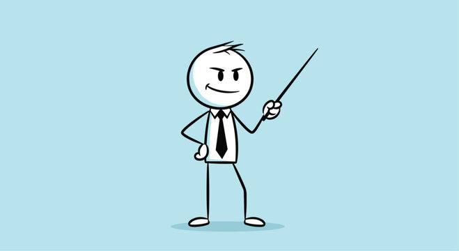 Confident stick figure businessman with a sly smile and a tie, holding a pointer stick for a presentation or lecture.