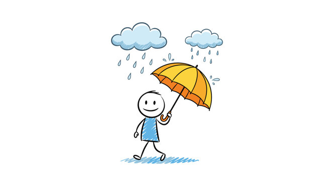 Happy stick figure smiling and walking in the rain while staying dry under a large, bright yellow umbrella under grey clouds.