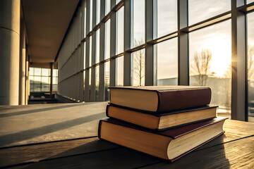 Quiet Indoor Scene with Stacked Hardcover Books.