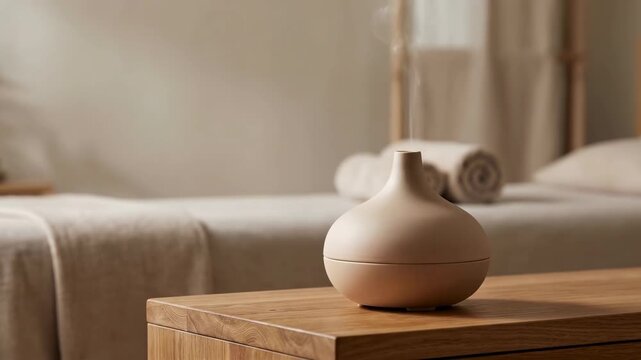 A modern essential oil diffuser steams on a wooden table in a spa. Aromatherapy for relaxation and wellness treatment