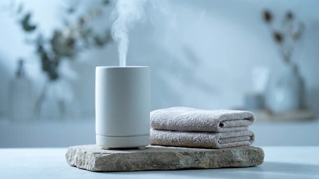 An electric aroma diffuser releases steam for aromatherapy. Spa still life with folded towels on a stone for wellness and relaxation. Self-care concept