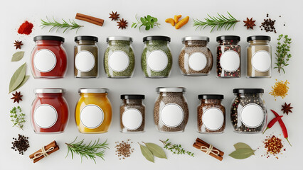 An overhead shot of an assortment of spice jars and loose herbs arranged on a white background, showcasing a variety of culinary ingredients.