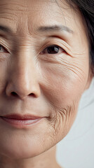 Wisdom and beauty shine through the gentle lines of a woman's face, capturing a life's rich journey in soft light