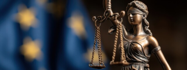 Statue of blindfolded lady justice holding scales with European Union flags in background