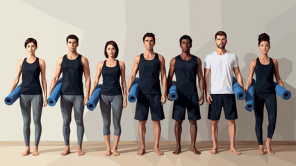 Obraz premium Diverse group of people ready for yoga class holding mats in geometric style