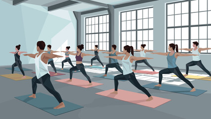 Diverse group practicing yoga in modern studio with natural light and geometric design
