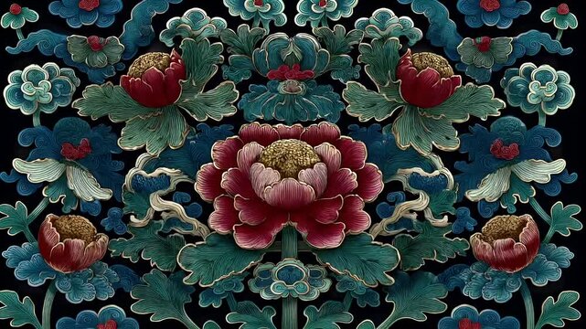 Chinese lunar new year holiday celebration. Spring festival tradition. Chunjie. Asia. A detailed and intricate floral pattern with a richly colored lotus flower in the center.