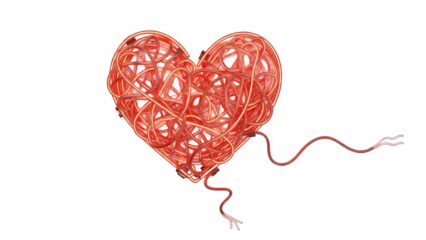 An intricate heart shape formed by tangled red and gold wires on a stark black background isolated on transparent background