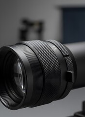 Close-up of black camera lens showing intricate textured grip and glass front element