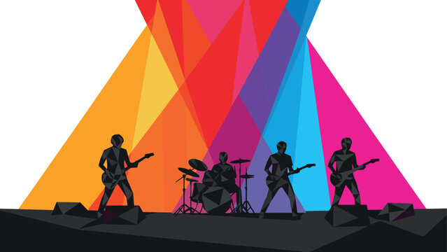 Colorful low poly rock band with vibrant geometric stage lights