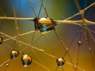 Water drops on an artificial spiderweb. Dynamic colorful background, abstract patterns and shapes. Macro still life photography