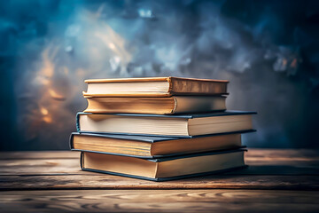 Stack of Hardcover Books with Dark Blurred Background.
