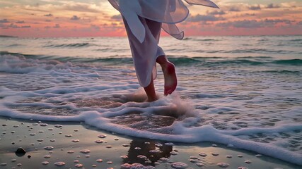woman walking barefoot on beach at sunset, flowing white dress, serene scene | travel, relaxation, lifestyle, beauty, nature theme