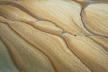Contaminated sewage dirty fluid mix with chemical or crude oil, it floating on water surface at public water place. Environmental issue from industrial. Close-up