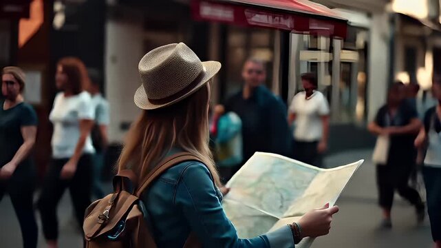 A woman in a straw hat and denim jacket is engrossed in reading a map on a city street. The scene is captured with a shallow depth of field.