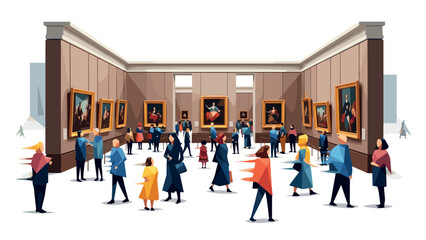 Art gallery visitors observing modern paintings in a museum hall