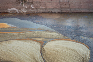 Contaminated sewage dirty fluid mix with chemical or crude oil, it floating on water surface at public water place. Environmental issue from industrial. Close-up