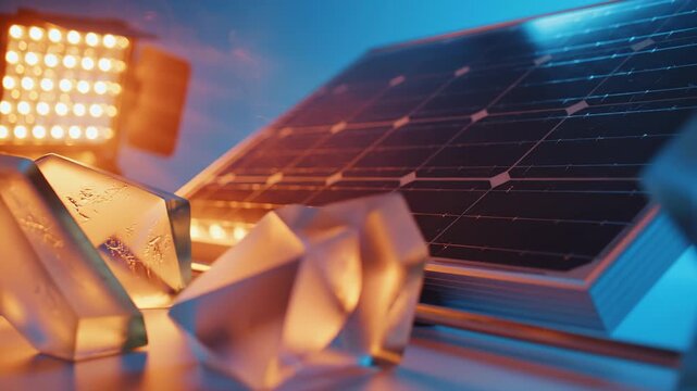Close Up of Solar Panel With Light and Geometric Glass Objects