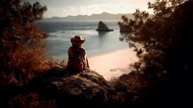 A woman with a backpack and hat sits on a rocky outcrop overlooking a serene seascape during sunset. The scene is bathed in the warm hues of the setting sun.