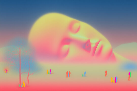 Surrealistic dreamlike hazy pastel landscape with a large sleeping head and small human figures. Minimalistic background