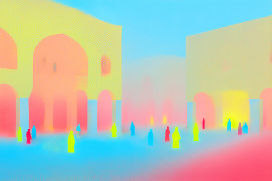 Surreal oriental landscape with ancient buildings and outlines of people. Minimalistic background