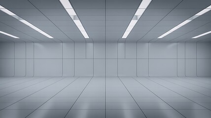 Futuristic Empty White Laboratory Hallway with Modern Linear Lighting.